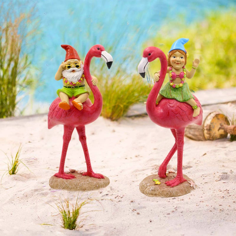 Goodeco 2Pack Gnome Riding Flamingo Statues - 11 "Adorable Hawaii Pink Flamingo Gifts, Birthday & Mom Gifts, Perfect Home and Garden Decor, Beach Party Decorations (M&L) - Image 5